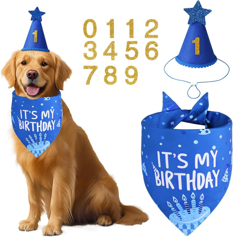 Agroon Dog Birthday Party Supplies, Blue Dog Birthday Set with Hat Bandana Numbers for Small Boy Pets Puppy - Image 2
